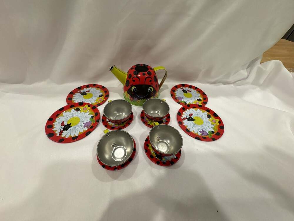 Vintage Metal Children's Ladybug Tea Set with Teapot, Cups, and Saucers